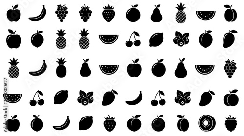 Minimalist fruit icons collection in black solid silhouette style
