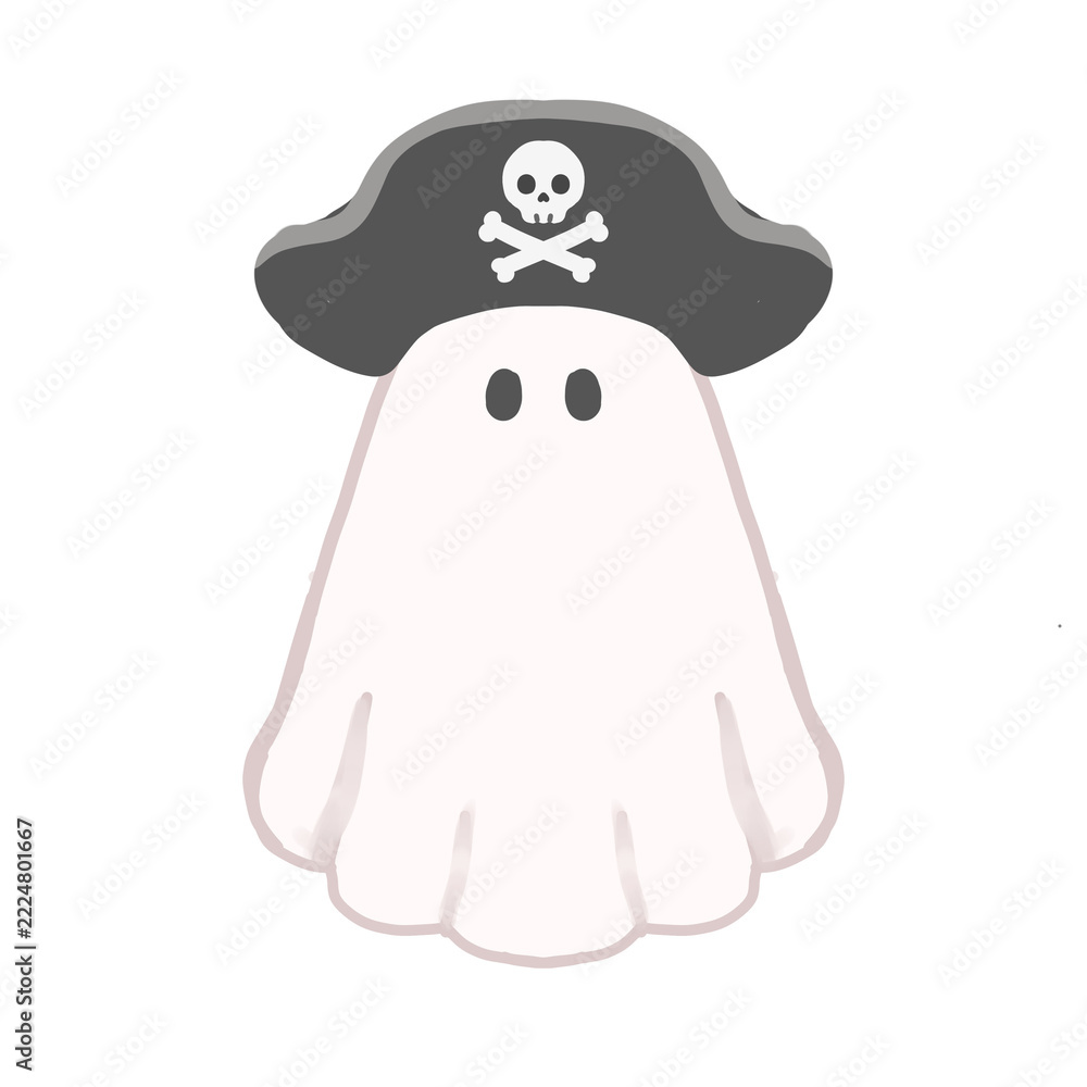 Naklejka premium Cute ghost wearing black pirate hat with skull and crossbones, flat cartoon illustration in soft