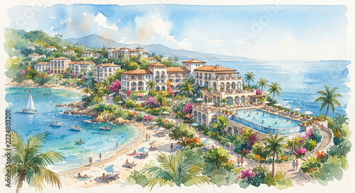 Watercolor seaside resort with palm trees swimming pools and boats