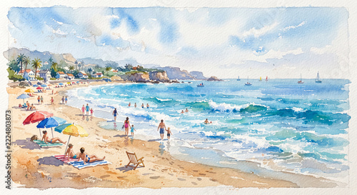Watercolor sunny beach with swimmers and colorful umbrellas