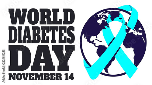 World diabetes day banner with blue awareness ribbon