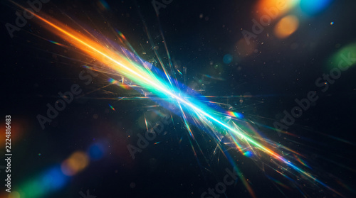Abstract rainbow colorful light beam explosion. Grunge film background, Retro film overlay effect, scratch dust and ray, cinematic grain worn texture, old film burn lens flare on black background