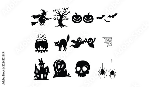 Black Halloween Silhouettes Set Including Witch Pumpkin Ghost Spooky House Cat Skull and Bats Isolated on White Background