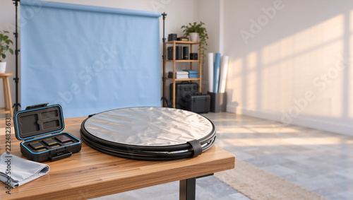 Photography reflector and memory card case on wooden table. Blue backdrop and equipment in sunny studio workspace