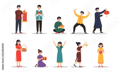 People celebrating lunar year vector graphic collection
