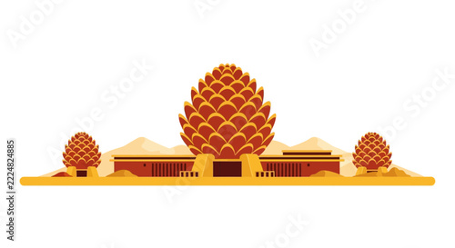 Futuristic desert architecture illustration with golden pinecone domes on white background.