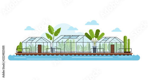 Floating Greenhouse Illustration for Sustainable Water-Based Agriculture