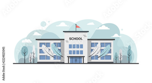 School building illustration with feathers for education and literature