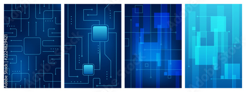 A collection of four vertical blue technology background banners featuring circuit board patterns, microchips, glowing connection lines, and geometric graphic shapes.