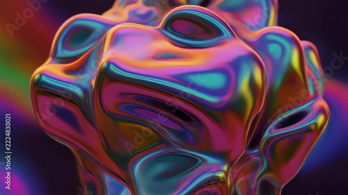 Abstract iridescent metallic liquid blob morphing slowly against a dark moody atmospheric background 4K Generative AI