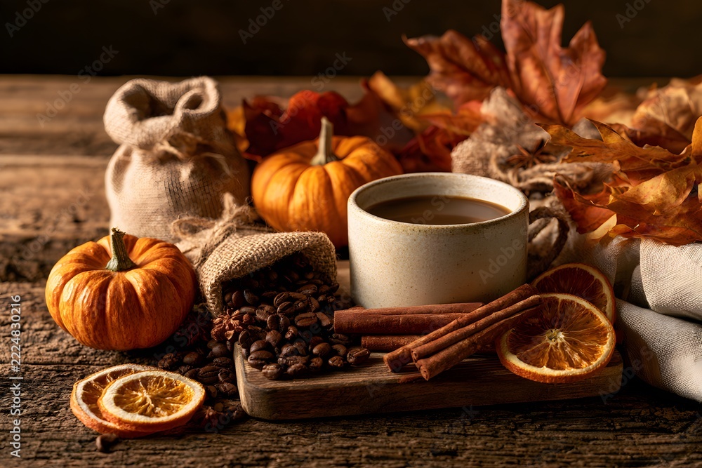 Fototapeta premium Autumn coffee setup with beans, burlap sacks, pumpkins, cinnamon sticks, dried orange slices, and a ceramic mug on wood
