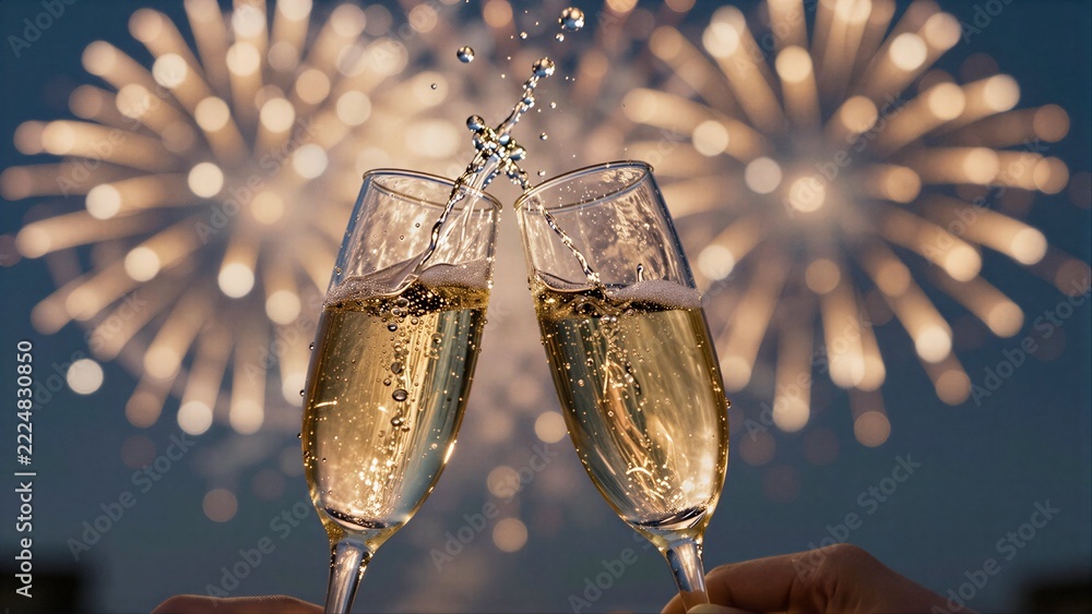 Naklejka premium Two champagne glasses clink against a dazzling fireworks backdrop.
