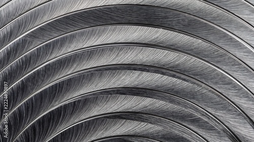 Metal texture background with curved brushed lines in silver and dark grey tones forming stripes