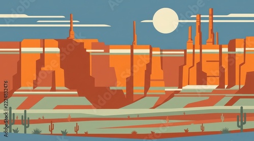 Stylized desert landscape with cacti rock formations and a bright sun