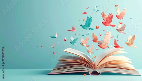 Colorful origami birds flying out of an open book against a soft blue background