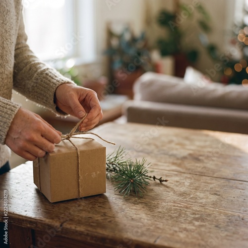 Hands tying twine around plain kraft gift box