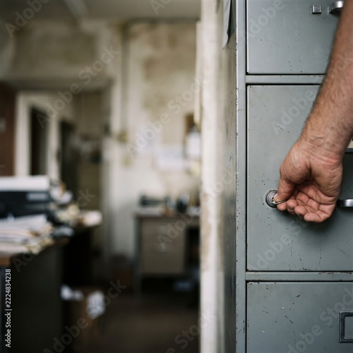 Hand locking metal filing cabinet in small office