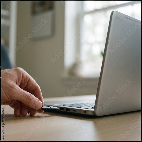 Hand inserting USB security key into laptop port