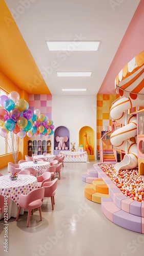 Colorful Indoor Playground with Slide, Balloons and Party Tables