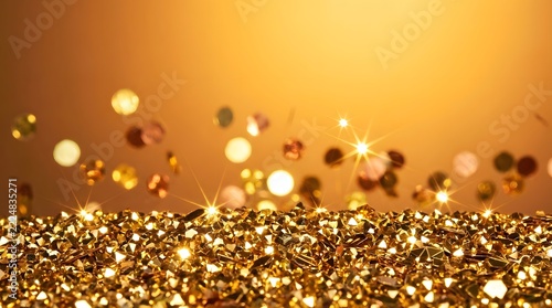 Dense pile of golden confetti flakes under warm amber light