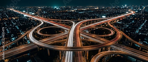 High angle aerial view of massive highway intersection cloverleaf interchange at night with traffic light trails
