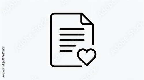 Black line icon of a document page with a heart symbol isolated on a