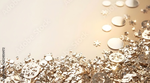 Pale golden snowflakes and round confetti scattered on soft surface