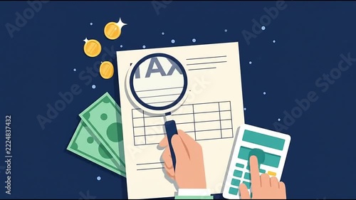 Tax document analysis and financial review process depicted with magnifying glass and calculator in a digital scene showing tax
