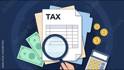 Analysis of Tax Document Inspection Process with Magnifying Glass Tools and Financial Items Visuals