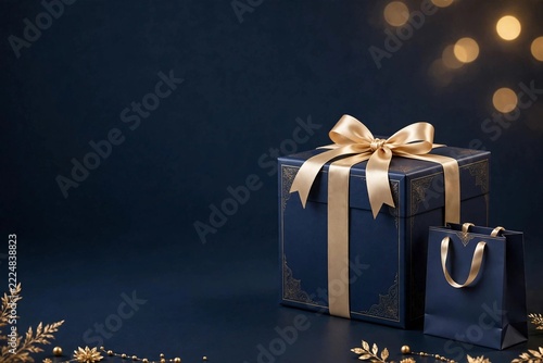 Luxurious Diwali Gift Box and Shopping Bag with Golden Ribbon on Dark Blue Background