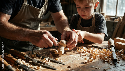 Father And Child Woodworking Together In Workshop