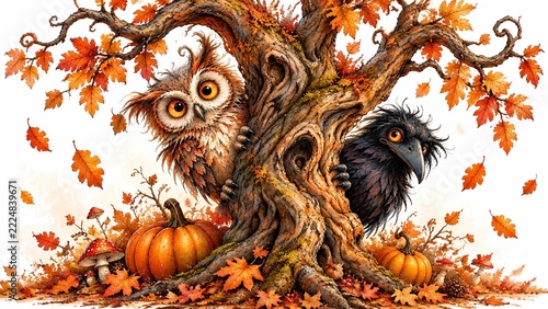 Cute owl and black crow perched in a twisted autumn tree with orange leaves and pumpkins, cozy fall woodland illustration