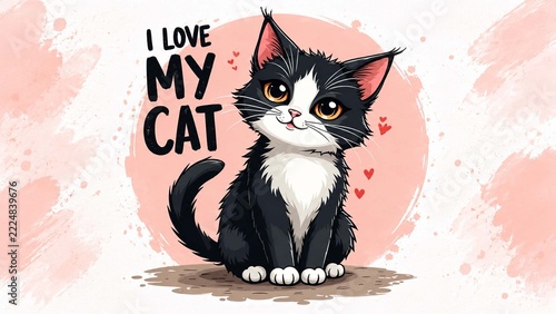 Cute black and white kitten with I love my cat text on a pink background, adorable pet lover design for cat owners and sweet gifts
