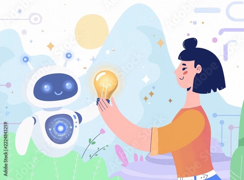 Friendly robot handing lightbulb to woman - AI technology concept illustration