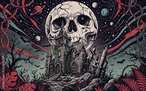 Haunted manor under giant skull moon - dark cosmic horror illustration