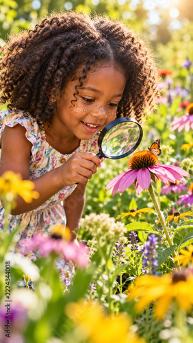 Outdoor Education Portrait of Curious Girl Exploring Nature in Garden
