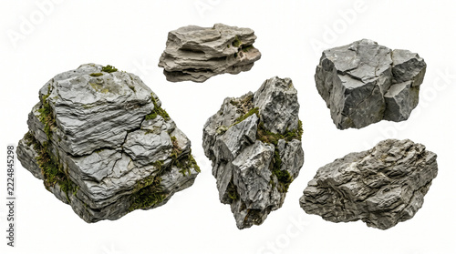 Collection of natural gray rocks with green moss isolated on white