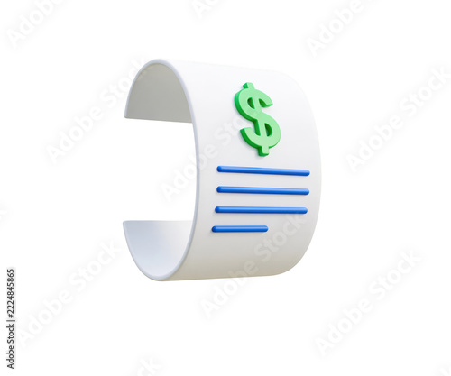 3d icon of a financial receipt with a dollar sign isolated on transparent background