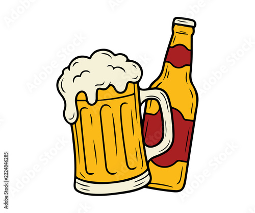 Cartoon vector illustration of a beer mug with frothy foam and a glass bottle beverage refreshment celebration