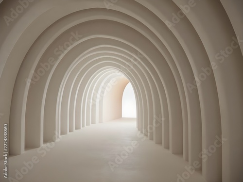 A minimalist architectural tunnel with repeating arched structures creating a sense of depth and perspective in a bright, clean, and modern interior space