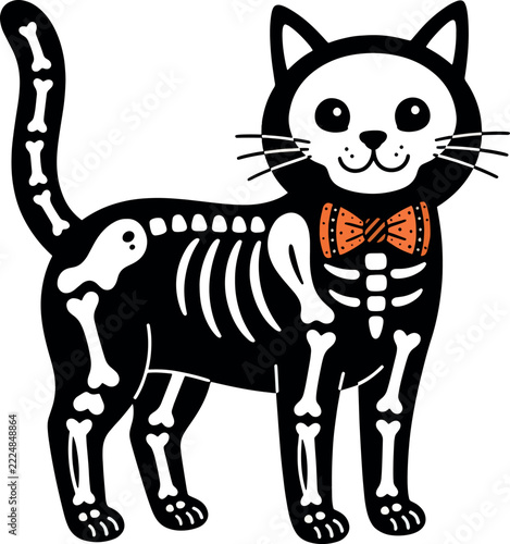 Skeleton-Cat Halloween Vector Illustration With Orange Bow Tie