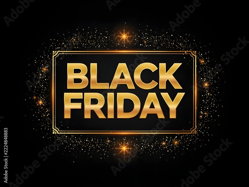 Black friday sale banner with golden text and glowing sparkles on a black background