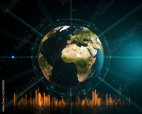 Digital earth globe with global network connections and data visualization bars