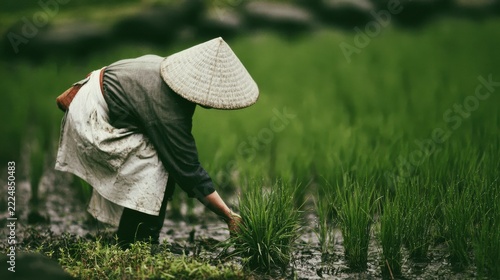 Woman in traditional conical hat tending to rice plants in lush green paddy field