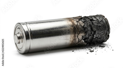 Burnout and energy depletion concept: metal battery seamlessly morphing into cracked dead charcoal, isolated on white background