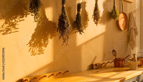 Long Shadows from Hanging Bunches of Drying Herbs Projected Across a Warm Kitchen Wall, Rustic Botanical Still Life