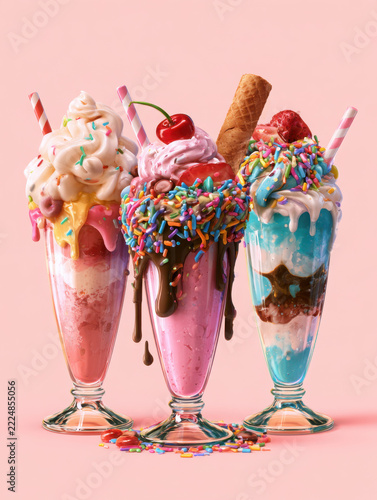 Three extravagant pastel milkshakes topped with whipped cream, chocolate drizzle, cherries, strawberries, sprinkles and wafers, presented in tall glass sundae dishes.