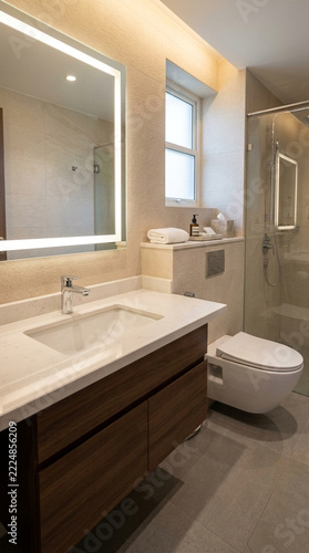 Modern Bathroom Interior with Illuminated Mirror Vanity Toilet and Shower Stall