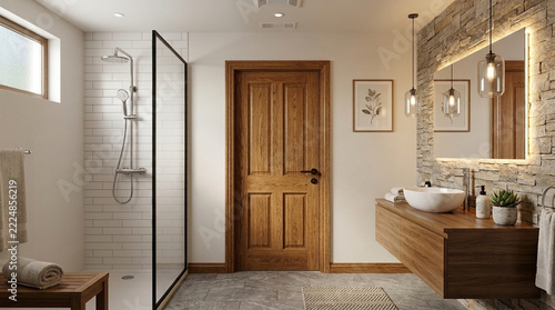 Modern Bathroom Interior Design with Wood Accents Rainfall Shower and Stone Wall Vanity