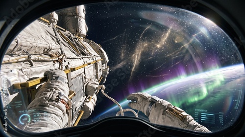 Astronaut's Gaze: An astronaut in a white spacesuit gazes out a window at the Earth, illuminated by the aurora borealis and celestial lights, showcasing the vastness of space.